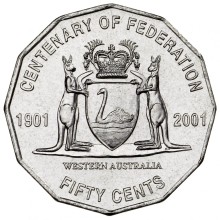 Circulating coins fifty cents commemorative design 2001 Centenary of Federation. Featuring the Coat of Arms of Western Australia, granted by Queen Elizabeth II in 1969