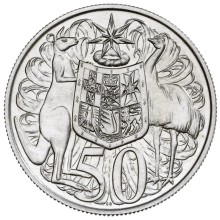 Circulating coins fifty cents first standard Commonwealth Coat of Arms sculpted by Stuart Devlin