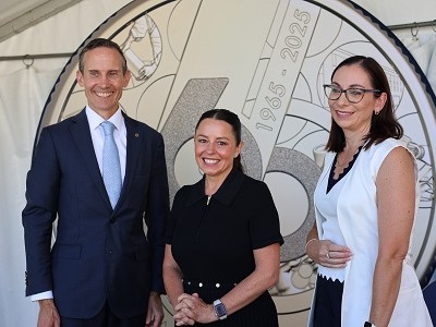 Assistant Minister for Competition, Charities and Treasury, The Hon. Dr Andrew Leigh MP, Myf Warhurst and the acting CEO Emily Martin at the media launch for the Mint's 60th Anniversary