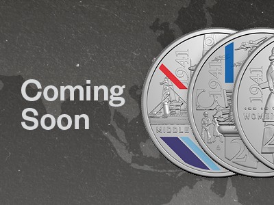 Coming Soon text with three coins from the new 1941 Service Amid Strife coin collection