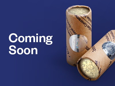 Two coin rolls against a navy background with the text 'Coming Soon'.