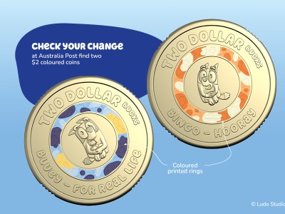 Bluey and Bingo $2 till coins with text: "Check your change at Australia Post to find two $2 coloured coins".