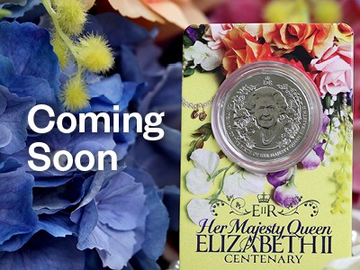 Queen Elizabeth II Privy Mark Coin in Card against a floral background with text 'Coming Soon'