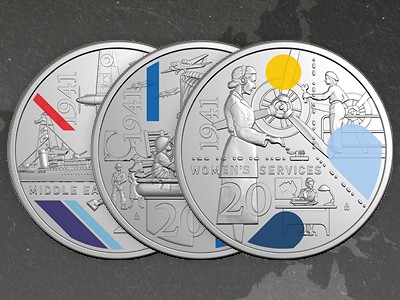 Three 1941 Service Amid Strife coins against a dark background outlining a world map.