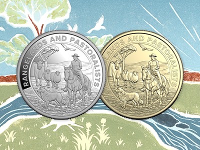 Two 2026 Heart and Soul of Australia coins against an illustrated background of a landscape.