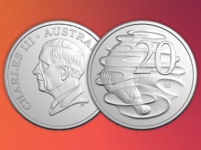 Front and back of 2026 ANDA 20c coin with QLD privy mark against a red gradient background.
