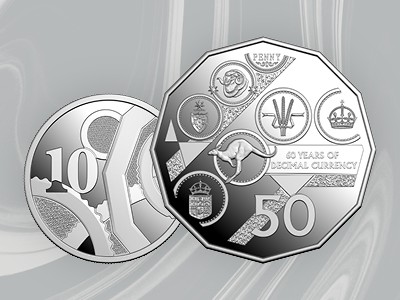 2026 Precious Metal Proof 10c and 50c coins against a grey swirl background.