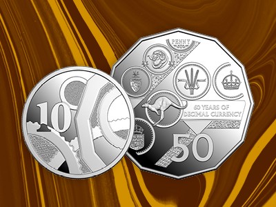 2026 10c and 50c year set coins against a brown swirl background.