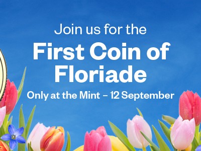Text "First Coin of Floriade" against a background of tulips with $1 Gallery Press Coin featuring ACT bluebell privy mark.