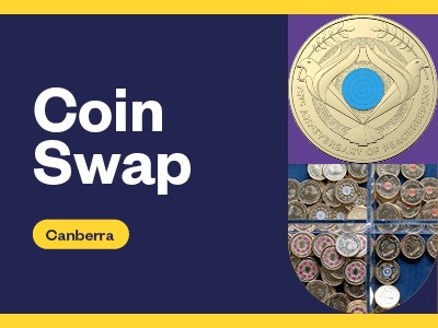 Text "Coin Swap Canberra: against a navy background with multiple images of coins.