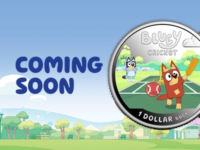 Two coloured $1 Bluey Cricket coins against an illustrated landscape background with "Coming Soon" text.