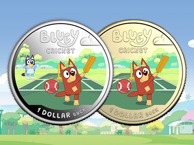 2027 $1 uncirculated and silver proof Bluey coins against an illustrated park background.