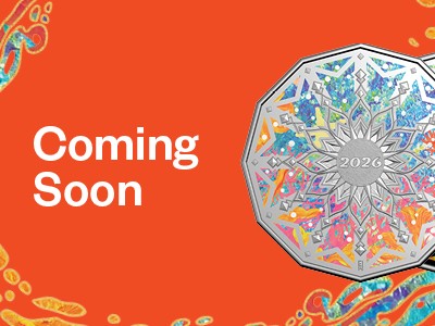 Uncirculated and proof 50c Colours of Christmas coins with "Coming Soon" text.