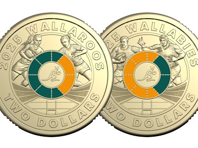 Two $2 Rebel till coins commemorating Rugby Australia Wallaroos and Wallabies teams.