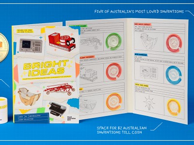 Bright Ideas five-coin collection folder and tube with coins against a blue background.