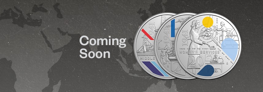 Coming Soon text with three coins from the new 1941 Service Amid Strife coin collection