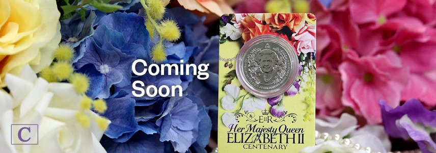 Queen Elizabeth II Privy Mark Coin in Card against a floral background with text 'Coming Soon'