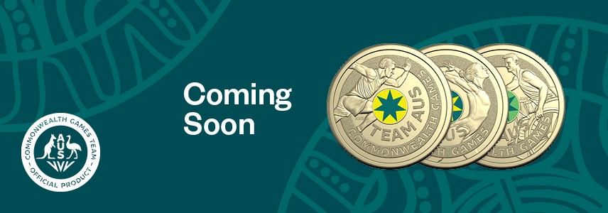Three coins in the 2026 Australian Commonwealth Games Team set with 'Coming Soon' text.