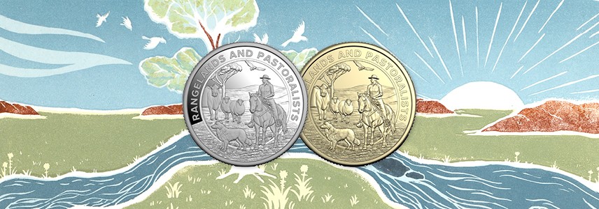 Two 2026 Heart and Soul of Australia coins against an illustrated background of a landscape.