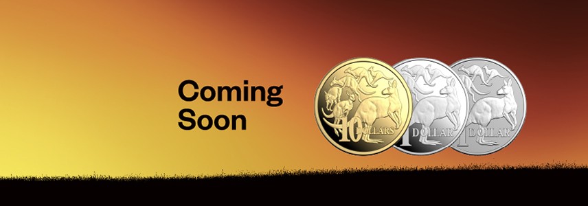 2026 Kangaroo Series three coin release against a sunset background with 'Coming Soon' text.