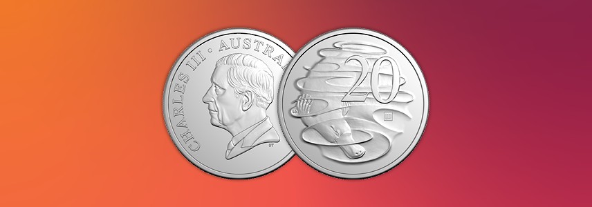 Front and back of 2026 ANDA 20c coin with QLD privy mark against a red gradient background.