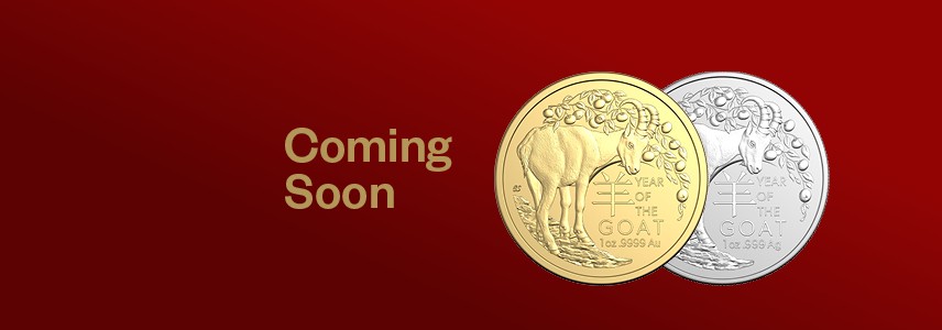 Silver and gold Year of the Goat investment coins with "Coming Soon" text.