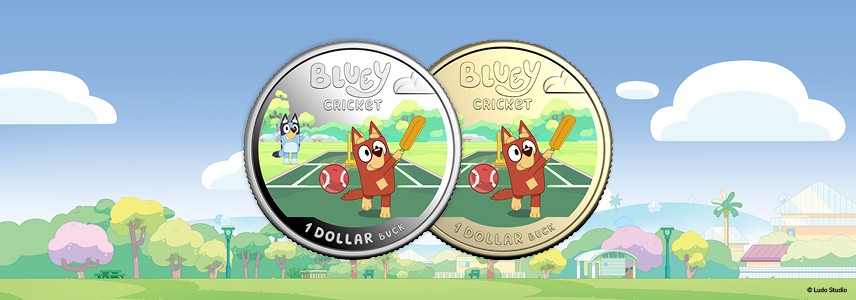 2027 $1 uncirculated and silver proof Bluey coins against an illustrated park background.