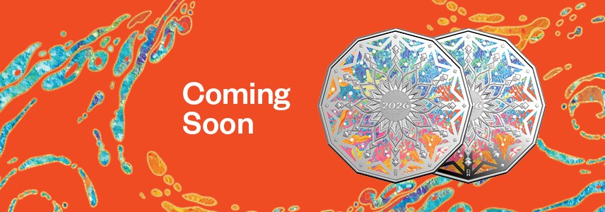 Uncirculated and proof 50c Colours of Christmas coins with "Coming Soon" text.