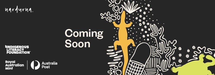 "Coming Soon" text against a black background with a crocodile illustration by Gudanji/Wakaja and Kalkadoon artist nardurna.